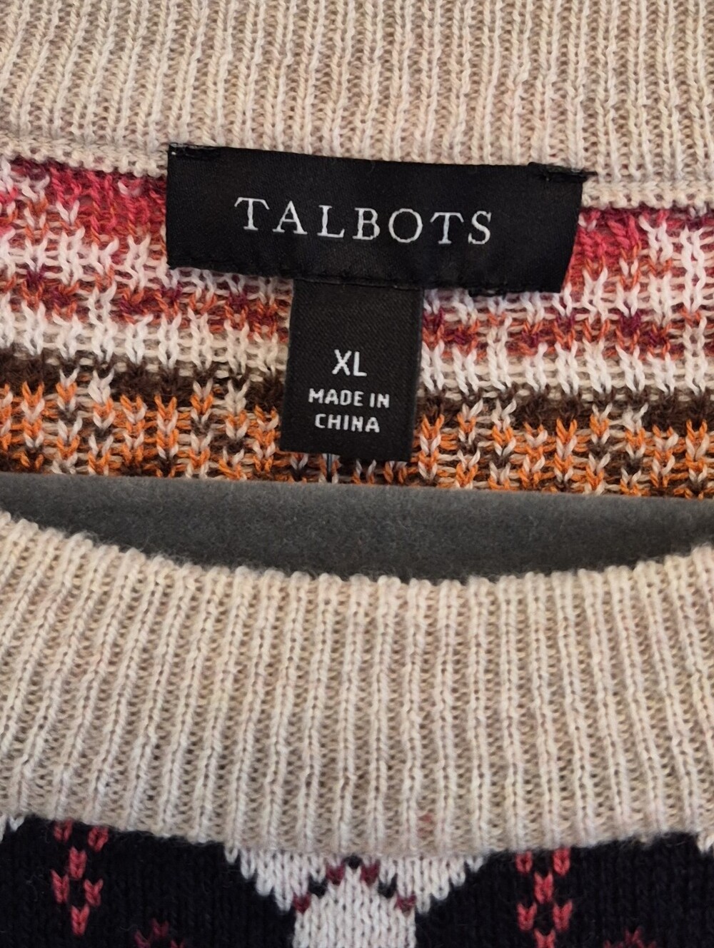 Talbots Squirrel Fair Isle Sweater Button Shoulder Crewneck Beige/Orange Size XL - Picture 11 of 12
